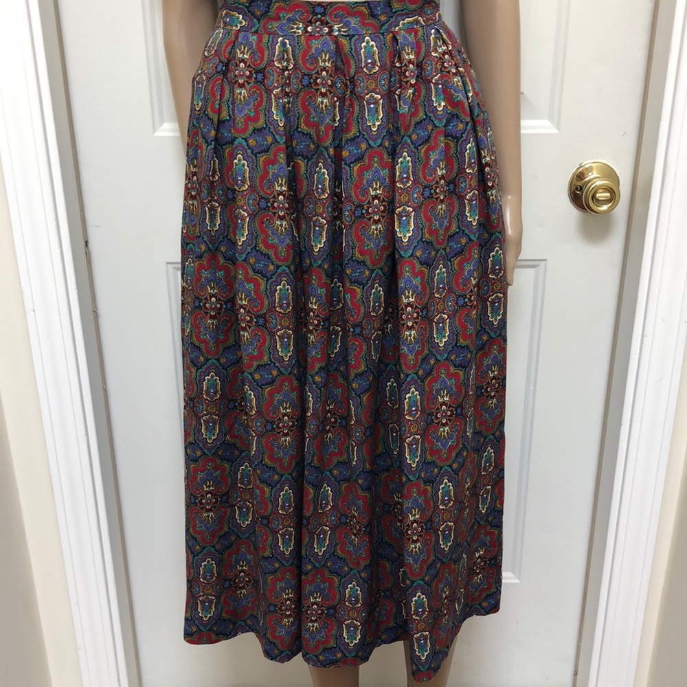 Vintage 1980’s F.A. Chatta Rayon Paisley Pleated Midi Skirt Jewel Tones Preppy